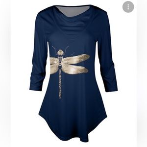 Lily by Firmiana Navy & Silver Dragonfly Long-Sleeve Handkerchief Tunic Size 1X